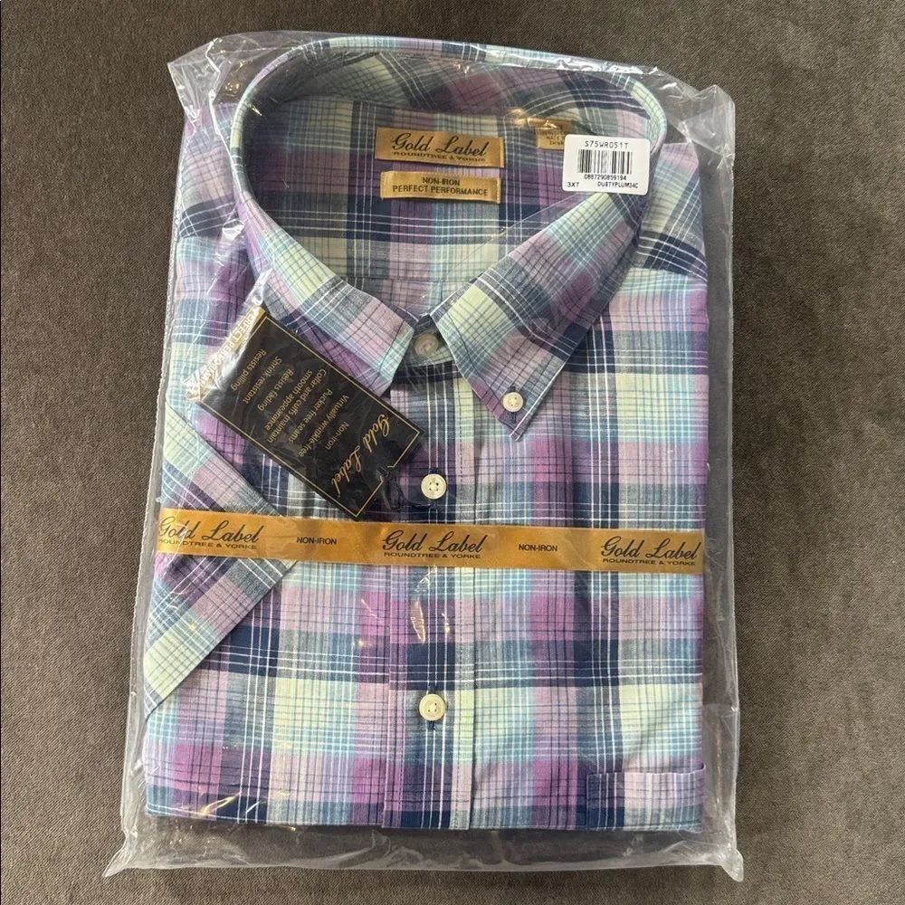 Roundtree & Yorke Gold Label Plaid Short Sleeve Button Up Shirt Non-Iron 3XT NWT